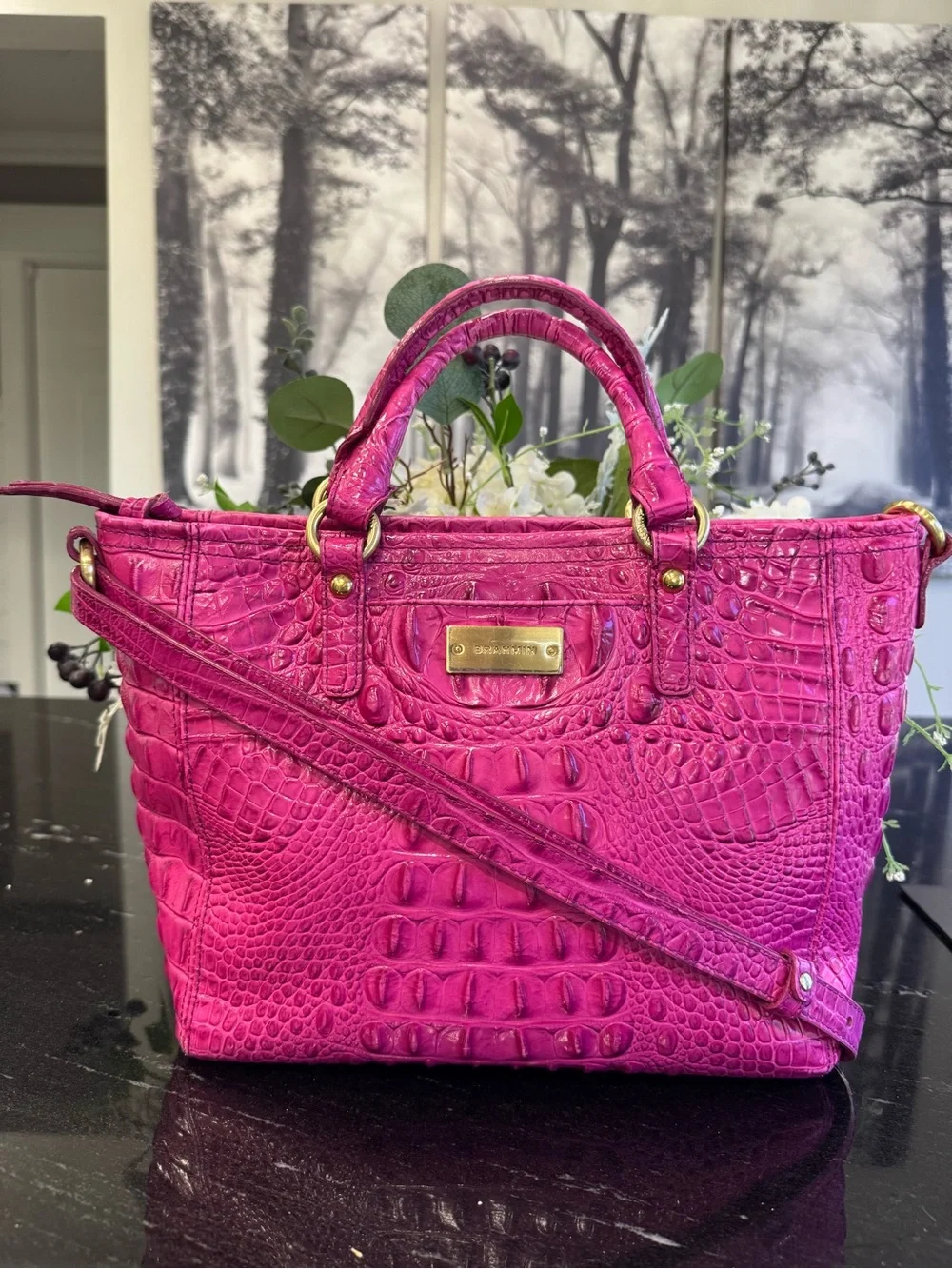 🩷🐊Brahmin Mini Asher Satchel Fuchsia Croc Embossed Leather Crossbody Pink